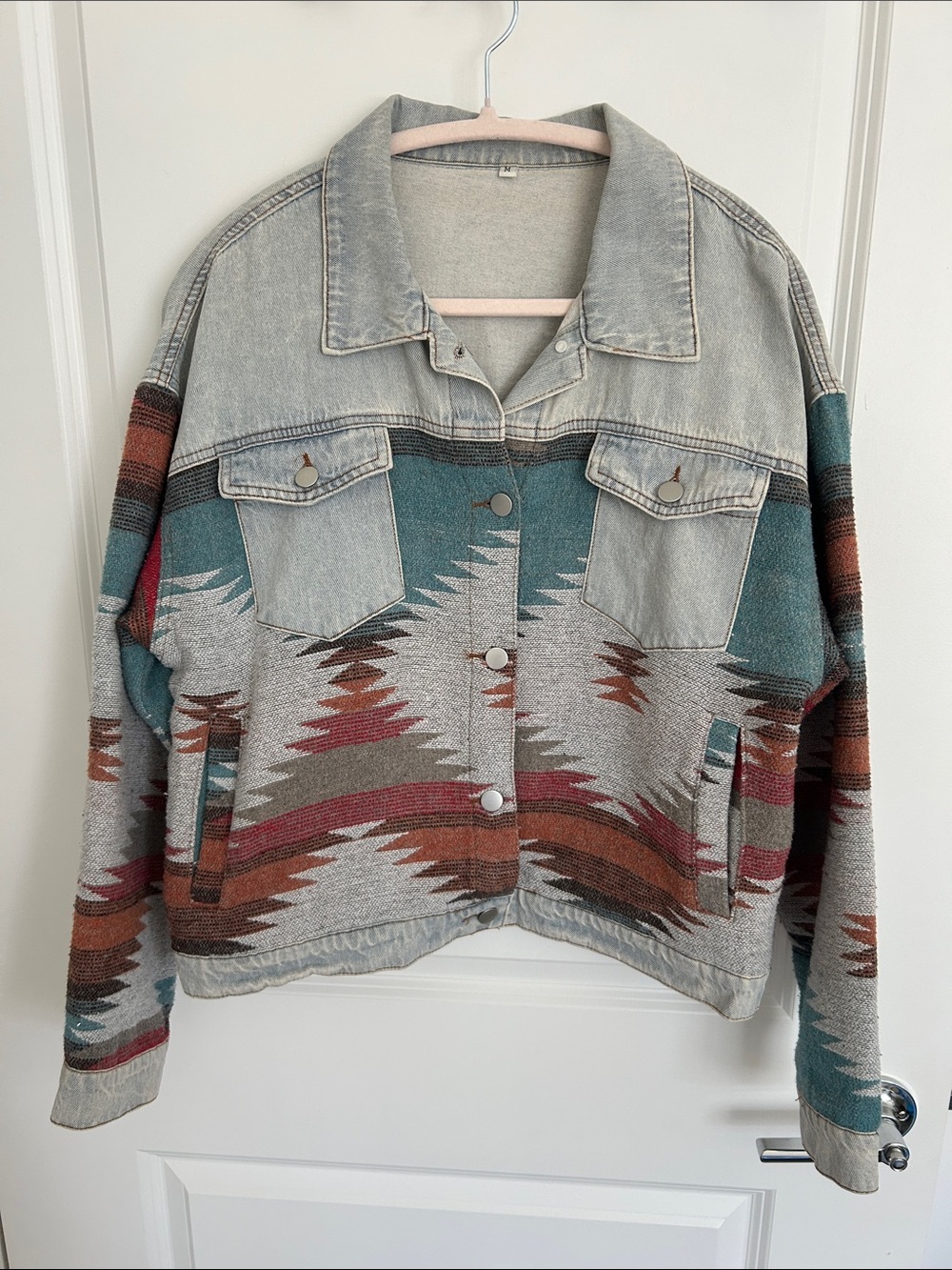 Aztec-Pattern Light Gray Denim Jacket with Teal & Rust Accents